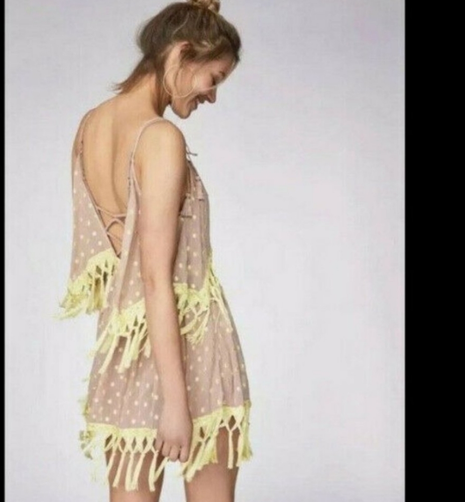 NEW FREE PEOPLE PICNIC IN THE PARK SHEER FRINGE TASSEL MINI DRESS TOP MED - Picture 2 of 11